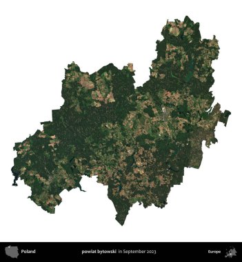 powiat bytowski. Polonya idari bölgesi, Eylül 2023 'te çekilen Kopernik Nöbetçi karolarından oluşan bir uydu görüntüsü üzerinde beyaza izole edildi.
