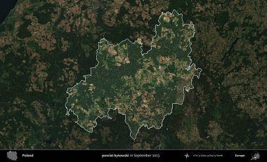 powiat bytowski. Polonya 'nın idari alanı, Eylül 2023' te çekilen Kopernik Nöbetçi karolarından oluşan koyu renkli bir uydu görüntüsü üzerine vurgulandı ve özetlendi.