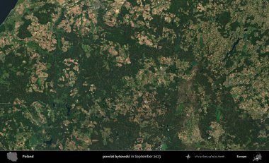 powiat bytowski. Eylül 2023 'te Copernicus Sentinel karolarından oluşan uydu görüntüsü üzerine Polonya' nın idari bölgesi
