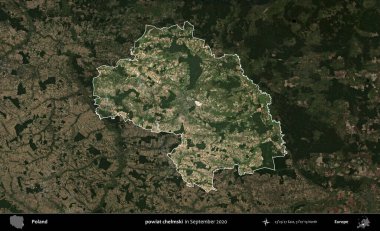 powiat chelmski. Polonya 'nın idari alanı, Eylül 2020' de çekilen Kopernik Nöbetçi karolarından oluşan koyu renkli bir uydu görüntüsü üzerine vurgulandı ve özetlendi