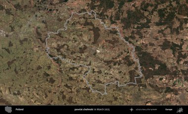 powiat chelmski. Polonya 'nın idari bölgesinin ana hatları, Mart 2025' te çekilen Kopernik Nöbetçi karolarından oluşan bir uydu görüntüsü üzerine çizildi.