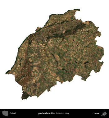 powiat chelminski. Polonya idari bölgesi, Mart 2025 'te çekilen Kopernik Nöbetçi karolarından oluşan bir uydu görüntüsü üzerinde beyaza izole edildi.