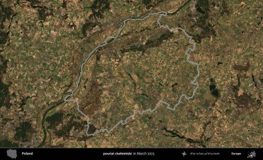 powiat chelminski. Polonya 'nın idari bölgesinin ana hatları, Mart 2025' te çekilen Kopernik Nöbetçi karolarından oluşan bir uydu görüntüsü üzerine çizildi.