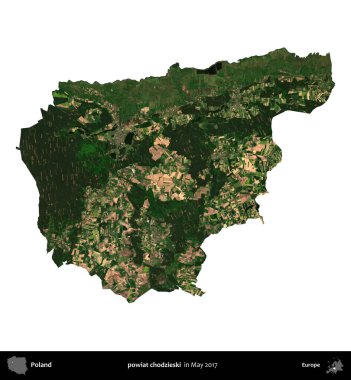 powiat chodzieski. Polonya idari bölgesi, Mayıs 2017 'de çekilen Kopernik Nöbetçi karolarından oluşan bir uydu görüntüsü üzerinde beyaza izole edildi.