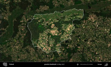 powiat chodzieski. Polonya 'nın idari alanı, Mayıs 2017' de çekilen Kopernik Nöbetçi karolarından oluşan koyu renkli bir uydu görüntüsü üzerinde vurgulandı ve özetlendi.