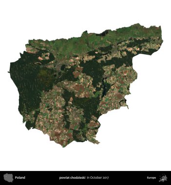 powiat chodzieski. Polonya 'nın idari bölgesi, Ekim 2017' de çekilen Kopernik Nöbetçi karolarından oluşan bir uydu görüntüsü üzerinde beyaza izole edildi.
