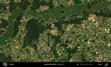 powiat chodzieski. Copernicus Sentinel 'in Mayıs 2017' de çekilmiş uydu görüntüsü üzerine Polonya 'nın idari bölgesi.