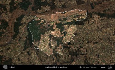 powiat chodzieski. Polonya 'nın idari alanı, Mart 2022' de çekilen Kopernik Nöbetçi karolarından oluşan koyu renkli bir uydu görüntüsü üzerine vurgulandı ve özetlendi.