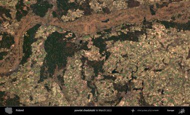 powiat chodzieski. Copernicus Sentinel 'in Mart 2022' de çekilmiş uydu görüntüsü üzerine Polonya 'nın idari bölgesi.