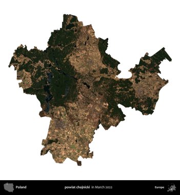 powiat chojnicki. Polonya idari bölgesi, Mart 2022 'de çekilen Kopernik Nöbetçi karolarından oluşan bir uydu görüntüsü üzerinde beyaza izole edildi.