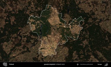 powiat chojnicki. Polonya 'nın idari alanı, Mart 2022' de çekilen Kopernik Nöbetçi karolarından oluşan koyu renkli bir uydu görüntüsü üzerine vurgulandı ve özetlendi.