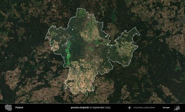 powiat chojnicki. Polonya 'nın idari alanı, Eylül 2023' te çekilen Kopernik Nöbetçi karolarından oluşan koyu renkli bir uydu görüntüsü üzerine vurgulandı ve özetlendi.