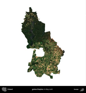 gmina Chojnice. Polonya 'nın idari bölgesi, Mayıs 2018' de çekilen Kopernik Nöbetçi Fayanslarından oluşan bir uydu görüntüsü üzerinde beyaza izole edildi.