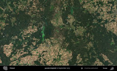 powiat chojnicki. Eylül 2023 'te Copernicus Sentinel karolarından oluşan uydu görüntüsü üzerine Polonya' nın idari bölgesi