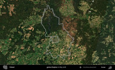 gmina Chojnice. Mayıs 2018 'de çekilen Kopernik Nöbetçi karolarından oluşan bir uydu görüntüsü üzerine Polonya' nın idari bölgesinin ana hatlarını belirledik.