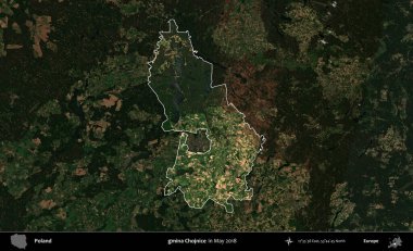 gmina Chojnice. Polonya 'nın idari alanı, Mayıs 2018' de çekilen Kopernik Nöbetçi karolarından oluşan koyu renkli bir uydu görüntüsüyle vurgulandı ve özetlendi