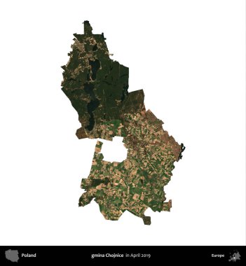 gmina Chojnice. Polonya idari bölgesi, Nisan 2019 'da çekilen Kopernik Nöbetçi karolarından oluşan bir uydu görüntüsü üzerinde beyaza izole edildi.