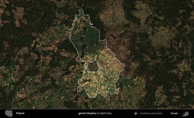 gmina Chojnice. Polonya 'nın idari alanı, Nisan 2019' da çekilen Kopernik Nöbetçi karolarından oluşan koyu renkli bir uydu görüntüsü üzerine vurgulandı ve özetlendi.
