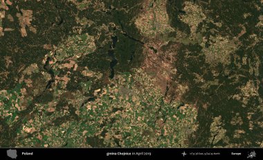 gmina Chojnice. Nisan 2019 'da çekilen Kopernik Sentinel karolarından oluşan bir uydu görüntüsü üzerine Polonya' nın idari bölgesi
