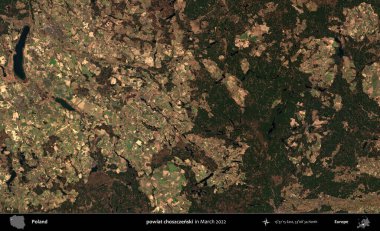 powiat choszczenski. Copernicus Sentinel 'in Mart 2022' de çekilmiş uydu görüntüsü üzerine Polonya 'nın idari bölgesi.