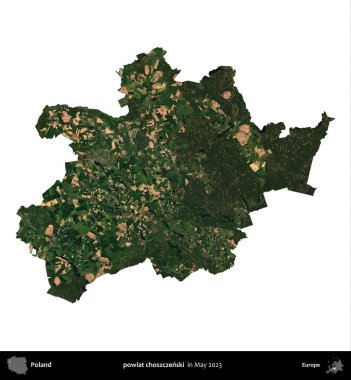 powiat choszczenski. Polonya 'nın idari bölgesi, Mayıs 2023' te çekilen Kopernik Nöbetçi Fayanslarından oluşan bir uydu görüntüsüyle beyaza izole edildi.