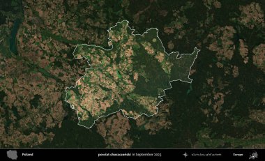 powiat choszczenski. Polonya 'nın idari alanı, Eylül 2023' te çekilen Kopernik Nöbetçi karolarından oluşan koyu renkli bir uydu görüntüsü üzerine vurgulandı ve özetlendi.
