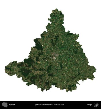 powiat ciechanowski. Polonya idari bölgesi, Haziran 2018 'de çekilen Kopernik Nöbetçi karolarından oluşan bir uydu görüntüsü üzerinde beyaza izole edildi.