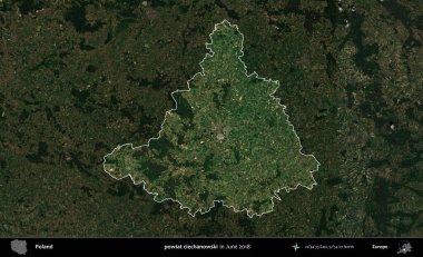 powiat ciechanowski. Polonya 'nın idari alanı, Haziran 2018' de çekilen Kopernik Nöbetçi karolarından oluşan koyu renkli bir uydu görüntüsüyle vurgulandı ve özetlendi