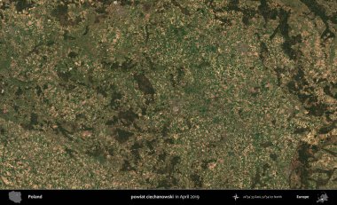 powiat ciechanowski. Nisan 2019 'da çekilen Kopernik Sentinel karolarından oluşan bir uydu görüntüsü üzerine Polonya' nın idari bölgesi