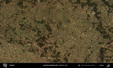 powiat ciechanowski. Copernicus Sentinel 'in Mart 2025' te çekilmiş uydu görüntüsü üzerine Polonya 'nın idari bölgesi