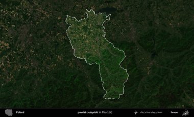 powiat cieszynski. Polonya 'nın idari alanı, Mayıs 2017' de çekilen Kopernik Nöbetçi karolarından oluşan koyu renkli bir uydu görüntüsü üzerinde vurgulandı ve özetlendi.