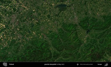 powiat cieszynski. Copernicus Sentinel 'in Mayıs 2017' de çekilmiş uydu görüntüsü üzerine Polonya 'nın idari bölgesi.