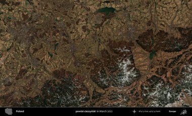 powiat cieszynski. Copernicus Sentinel 'in Mart 2022' de çekilmiş uydu görüntüsü üzerine Polonya 'nın idari bölgesi.