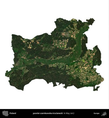 powiat czarnkowsko-trzcianecki. Polonya idari bölgesi, Mayıs 2017 'de çekilen Kopernik Nöbetçi karolarından oluşan bir uydu görüntüsü üzerinde beyaza izole edildi.
