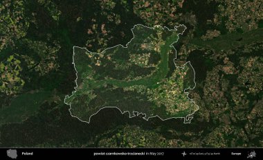 powiat czarnkowsko-trzcianecki. Polonya 'nın idari alanı, Mayıs 2017' de çekilen Kopernik Nöbetçi karolarından oluşan koyu renkli bir uydu görüntüsü üzerinde vurgulandı ve özetlendi.
