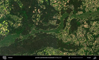 powiat czarnkowsko-trzcianecki. Copernicus Sentinel 'in Mayıs 2017' de çekilmiş uydu görüntüsü üzerine Polonya 'nın idari bölgesi.