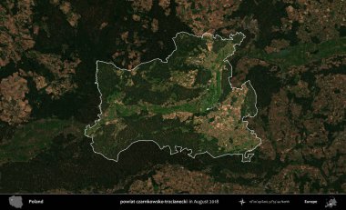 powiat czarnkowsko-trzcianecki. Polonya 'nın idari alanı, Ağustos 2018' de çekilen Kopernik Nöbetçi karolarından oluşan koyu renkli bir uydu görüntüsü üzerine vurgulandı ve özetlendi