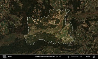 powiat czarnkowsko-trzcianecki. Polonya 'nın idari alanı, Nisan 2020' de çekilen Kopernik Nöbetçi karolarından oluşan koyu renkli bir uydu görüntüsü üzerine vurgulandı ve özetlendi