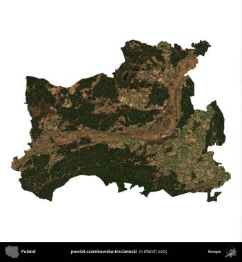powiat czarnkowsko-trzcianecki. Polonya idari bölgesi, Mart 2025 'te çekilen Kopernik Nöbetçi karolarından oluşan bir uydu görüntüsü üzerinde beyaza izole edildi.
