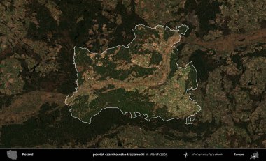 powiat czarnkowsko-trzcianecki. Polonya 'nın idari alanı, Mart 2025' te çekilen Kopernik Nöbetçi karolarından oluşan koyu renkli bir uydu görüntüsü üzerine vurgulandı ve özetlendi