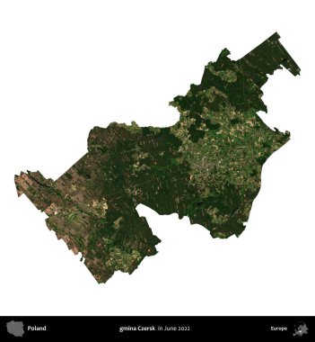 gmina Czersk. Polonya idari bölgesi, Haziran 2022 'de çekilen Kopernik Nöbetçi karolarından oluşan bir uydu görüntüsü üzerinde beyaza izole edildi.