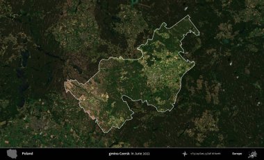 gmina Czersk. Polonya 'nın idari alanı, Haziran 2022' de çekilen Kopernik Nöbetçi karolarından oluşan koyu renkli bir uydu görüntüsü üzerine vurgulandı ve özetlendi.
