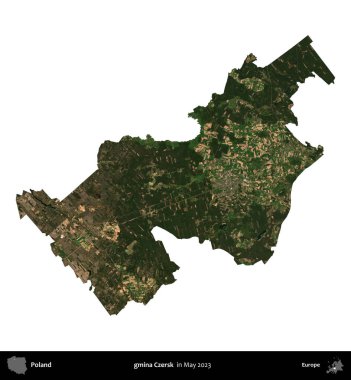 gmina Czersk. Polonya 'nın idari bölgesi, Mayıs 2023' te çekilen Kopernik Nöbetçi Fayanslarından oluşan bir uydu görüntüsüyle beyaza izole edildi.