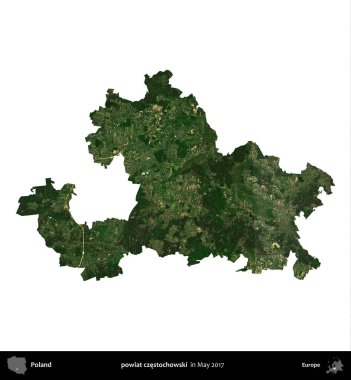 powiat czestochowski. Polonya idari bölgesi, Mayıs 2017 'de çekilen Kopernik Nöbetçi karolarından oluşan bir uydu görüntüsü üzerinde beyaza izole edildi.