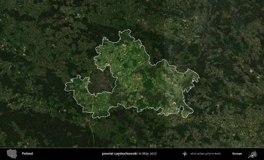 powiat czestochowski. Polonya 'nın idari alanı, Mayıs 2017' de çekilen Kopernik Nöbetçi karolarından oluşan koyu renkli bir uydu görüntüsü üzerinde vurgulandı ve özetlendi.