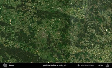 powiat czestochowski. Copernicus Sentinel 'in Mayıs 2017' de çekilmiş uydu görüntüsü üzerine Polonya 'nın idari bölgesi.