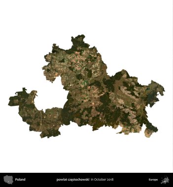 powiat czestochowski. Polonya idari bölgesi, Ekim 2018 'de çekilen Kopernik Nöbetçi karolarından oluşan bir uydu görüntüsü üzerinde beyaza izole edildi.