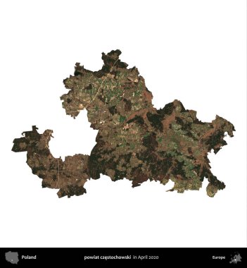 powiat czestochowski. Polonya idari bölgesi, Nisan 2020 'de çekilen Kopernik Nöbetçi karolarından oluşan bir uydu görüntüsü üzerinde beyaza izole edildi.