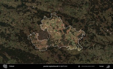 powiat czestochowski. Polonya 'nın idari alanı, Nisan 2020' de çekilen Kopernik Nöbetçi karolarından oluşan koyu renkli bir uydu görüntüsü üzerine vurgulandı ve özetlendi