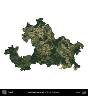 powiat czestochowski. Polonya idari bölgesi, Eylül 2020 'de çekilen Kopernik Nöbetçi karolarından oluşan bir uydu görüntüsü üzerinde beyaza izole edildi.